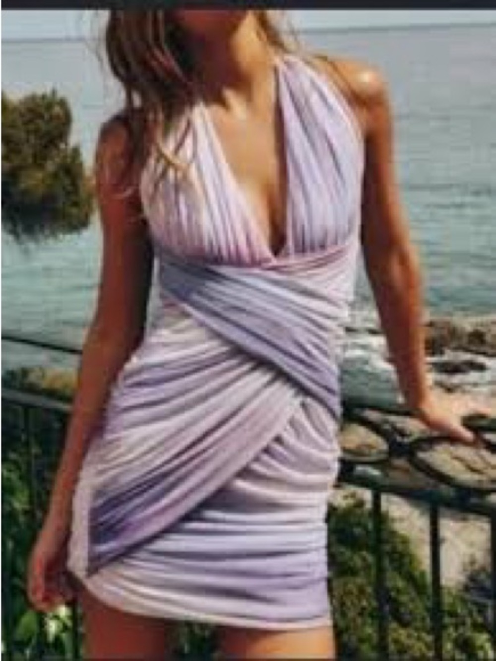 Zara Sleeveless Lavender Ruched Wrap Halter Dress